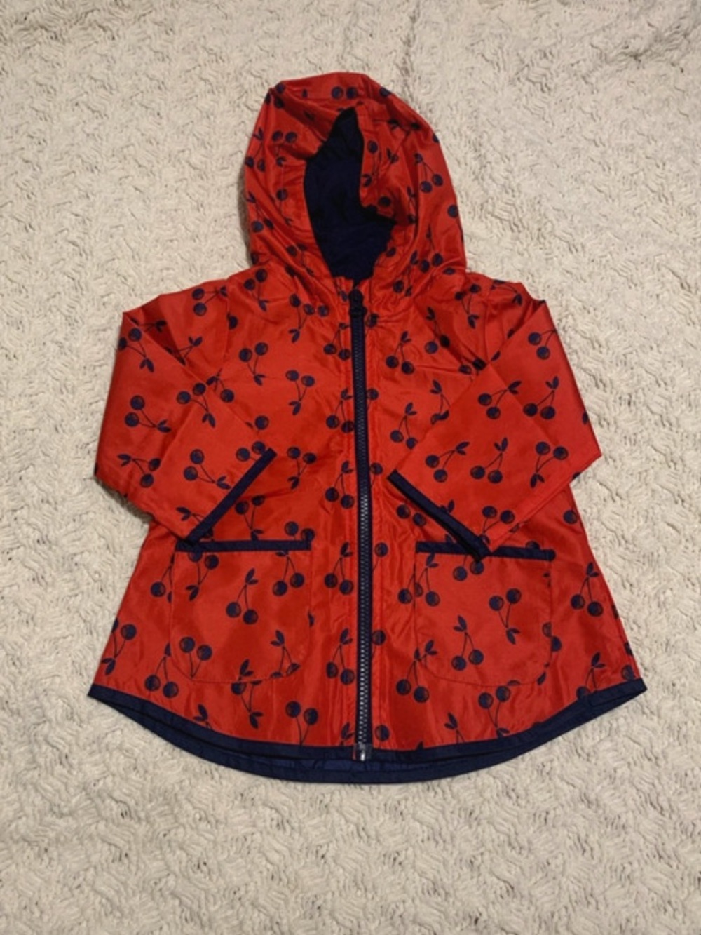 Simple Red Hooded Raincoat with Navy Cherry Print